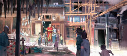  aang absurdres architecture arrow_(symbol) arrow_tattoo avatar_aang:_the_last_airbender avatar_legends aymeric_kevin bald brown_hair cloak concept_art east_asian_architecture element_bending head_tattoo highres katara long_hair official_art pregnant road scenery street tattoo water 