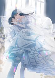  1boy 1girl absurdres black_hair blue_eyes blush breasts bridal_veil bride brother_and_sister church commentary_request dress flower full_body groom hair_flower hair_ornament highres ishida_kana long_hair mahouka_koukou_no_rettousei open_mouth rose see-through_clothes see-through_veil shiba_miyuki shiba_tatsuya siblings smile solo strapless strapless_dress tuxedo veil wedding wedding_dress white_dress white_flower white_rose wife_and_wife 