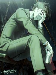  1boy absurdres beer_can blue_necktie can commentary_request crying drink_can friendship_bracelet grey_jacket hand_on_own_face highres jacket long_sleeves male_focus mugi_oyasumi necktie on_swing original rain sad short_hair signature sitting socks solo swing 