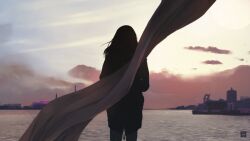  1girl artist_logo artist_name aurahack clouds cloudy_sky commentary english_commentary facing_away feet_out_of_frame floating_hair from_behind highres logo long_hair ocean original outdoors patreon_username ship shipyard silhouette sky solo sunset water watercraft 
