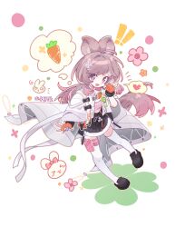  ! !! >_< 1girl :d ahoge animal_ear_fluff animal_ears arknights black_shoes black_skirt capelet carrot chinese_commentary clover commentary_request fingerless_gloves flower four-leaf_clover full_body fur-trimmed_skirt fur_trim gloves hand_up heart highres long_hair looking_at_viewer open_mouth orange_gloves pink_eyes pink_flower pink_hair pouch rabbit rabbit_ears rabbit_girl shoes simple_background skirt smile solo sparkle spoken_food spoken_heart standing thigh-highs thigh_pouch thumpy_(arknights) white_background white_capelet white_thighhighs yinanhuahua 