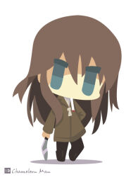  1girl artist_name black_boots black_pantyhose blue_eyes boots brown_coat brown_hair chameleon_man_(three) chibi chibi_only coat commentary_request elizabeth_f._beurling full_body hair_between_eyes long_hair long_sleeves looking_at_viewer no_lineart pantyhose simple_background solo standing strike_witches white_background world_witches_series 