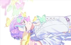  1boy aqua_streaks belt belt_buckle blurry blurry_foreground buckle bug butterfly butterfly_on_hand butterfly_on_head commentary earrings green_butterfly highres j_goux99 jewelry kamishiro_rui kimi_no_tonari_kimi_to_miru_ashita_(project_sekai) looking_at_viewer looking_to_the_side lying male_focus multicolored_hair on_back parted_lips pink_butterfly project_sekai purple_hair shirt short_hair simple_background solo streaked_hair twitter_username untranslatable_commentary white_background white_shirt yellow_butterfly yellow_eyes 