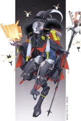  1girl artist_name black_hat black_skin blue_sweater cape colored_skin copyright_name digitigrade drone english_commentary full_body fur_trim goat_girl goat_horns hat highres holding holding_staff holographic_interface horizontal_pupils horns looking_at_viewer maimai_(game) map mechanical_legs official_art orihira red_cape solo staff sweater white_hair yellow_eyes 