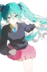  1girl aqua_eyes aqua_hair aqua_necktie bandaid bandaid_on_face black_sweater deimos3350 grey_shirt hair_ornament hatsune_miku highres long_hair looking_at_viewer necktie open_mouth pink_skirt rolling_girl_(vocaloid) running shirt skirt solo sweater twintails twitter_username very_long_hair vocaloid 