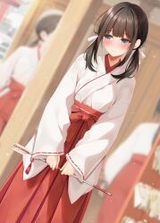  3girls absurdres arrow_(projectile) averting_eyes blurry blurry_background blush brown_hair closed_mouth commentary_request grey_eyes hakama hakama_skirt hamaya highres holding holding_arrow japanese_clothes large_variant_set long_hair long_skirt long_sleeves miko minato_ojitan multiple_girls original red_skirt sidelocks skirt solo_focus variant_set 