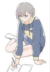  1girl bang_dream! bang_dream!_it's_mygo!!!!! blue_hoodie brown_eyes closed_mouth commentary_request drawing_(action) glasses grey_hair highres holding holding_pen hood hoodie notebook pen ricemilk_ouob short_hair simple_background smile socks solo takamatsu_tomori two-tone_hoodie white_background white_socks yellow_hoodie 