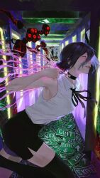  1girl backrooms_(creepypasta) black_bow black_shorts black_thighhighs bow chainsaw_man choker eldritch_abomination exit_sign extra_eyes green_eyes grenade_pin hallway highres moonje4444 purple_hair reze_(chainsaw_man) running shirt shorts sleeveless sleeveless_shirt thigh-highs white_shirt 