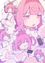  1girl :3 :o =_= @_@ ^^^ absurdres ahoge animal_ears bandaged_tail blush_stickers braid braided_hair_rings cat_ear_smartphone_case cat_ears cat_girl cat_tail cellphone chibi chibi_inset commentary_request dot_nose double-parted_bangs dress drooling frilled_dress frilled_dress_collar frills from_side hair_intakes hair_rings head_on_pillow high_collar highres indie_utaite indie_virtual_youtuber light_blush long_sleeves looking_at_viewer momone_chinoi multiple_views nano235711 nervous_sweating phone pillow pink_eyes pink_hair puritan_collar screentones short_dress single_blush_sticker sleeping sleeves_past_fingers sleeves_past_wrists smartphone standing stuffed_animal stuffed_toy sweat tail white_dress yawning 