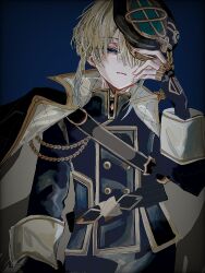  1boy aiguillette aqua_eyes arm_up artist_name belt black_belt black_coat black_gloves black_hat blonde_hair blue_background blue_jacket blue_pants buttons chest_belt coat commentary_request cowboy_shot empty_eyes fingerless_gloves fingernails freckles freminet_(genshin_impact) genshin_impact gloves gold_ring hair_over_one_eye half-closed_eyes hand_on_headwear hat highres jacket jewelry long_sleeves looking_at_viewer male_focus military_hat military_jacket military_uniform multiple_rings open_clothes open_coat pants peaked_cap ring shadow short_hair sidelocks simple_background solo standing teeth two-sided_coat two-sided_fabric white_coat yuu_amani 