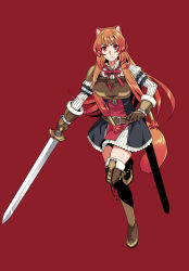  1girl animal_ear_fluff animal_ears armor bad_id bad_pixiv_id belt black_dress boots breastplate breasts brown_armor brown_belt brown_boots brown_gloves brown_hair closed_mouth collared_dress colored_tips dress elbow_gloves frilled_arm_cuffs frown full_body fur-trimmed_boots fur-trimmed_gloves fur_trim gloves gold_trim gradient_hair hair_tubes hand_up high_collar highres holding holding_sword holding_weapon large_breasts layered_dress leather leather_armor leather_boots leather_gloves leg_up long_hair long_sidelocks long_sleeves looking_at_viewer metal_arm_cuffs metal_hair_tubes metal_wrist_cuffs minami_seira multicolored_hair neck_ribbon official_art open_collar pauldrons pink_lips pinstripe_dress pinstripe_pattern promotional_art raccoon_ears raccoon_girl raccoon_tail raphtalia red_background red_dress red_eyes red_hair red_ribbon ribbon scabbard sheath short_dress shoulder_armor sidelocks simple_background single_pauldron sleeveless sleeveless_dress solo split_mouth standing standing_on_one_leg swept_bangs sword tail tanuki tate_no_yuusha_no_nariagari thigh_boots two-tone_dress v-shaped_eyebrows weapon white_dress 