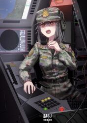  1girl absurdres belt black_hair camouflage chair computer_keyboard computer_mouse hat headset highres holding holding_computer_mouse looking_at_object microphone miliki military_rank_insignia military_uniform monitor open_mouth original people's_liberation_army_rocket_force sitting solo 
