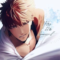  1boy anniversary brown_eyes cape commentary_request emiya_shirou fate/grand_order fate_(series) happy_anniversary highres holding holding_unworn_cape holding_unworn_clothes male_focus messy_hair orange_hair senji_muramasa_(fate) single_bare_shoulder smile solo spiky_hair toned toned_male unworn_cape white_cape yuka_(pixiv38407039) 