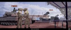  2girls 9k58_smerch absurdres belt blonde_hair brown_pants brown_tunic camouflage_netting cannon commentary_request epaulettes guard_rail gun hat highres machine_gun miliki military_uniform military_vehicle motor_vehicle multiple_girls multiple_launch_rocket_system original pants peaked_cap power_lines red_eyes shoulder_strap soviet_army t-80 tank tunic wargame:_red_dragon weapon 