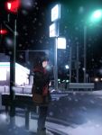  black_hair breath gloves hair_ornament hairclip kishida_mel lamppost original pantyhose purse road scarf short_hair snow street streetlights 