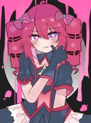  1girl ahoge black_collar black_gloves black_shirt black_skirt blood blood_from_mouth bow collar colored_blood commentary_request detached_collar double-parted_bangs drill_hair gloves hair_between_eyes highres kasane_teto magical_girl mahou_shoujo_to_chokorewito_(vocaloid) multicolored_eyes pink_blood pink_bow pink_eyes red_hair red_trim rirurima25 shirt skirt solo twin_drills two-tone_eyes utau violet_eyes 