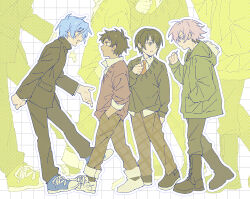  4boys :d annoyed black_hair blue_eyes blue_hair blush boots checkered_clothes checkered_pants cigarette collared_shirt commentary_request dark-skinned_male dark_skin gakuran green_eyes grey_eyes heterochromia highres holding holding_cigarette kikuchi_ryou looking_at_another male_focus mole mole_under_eye morichika_haruki multicolored_hair multiple_boys necktie nike_(company) orange_eyes pants parka pink_hair school_uniform sekai_metsubou_kyouyuu_gensou_mamiya shirt shoes short_hair smile sneakers spiky_hair suou_keito sweater talking tatsuki_kurisu toujou_minato violet_eyes walking 
