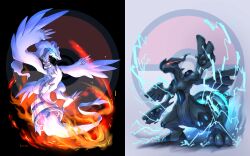  blue_eyes bono_(bonobo0088) claws commentary_request electricity eye_trail fire highres light_trail no_humans open_mouth pokemon pokemon_(creature) pokemon_focus reshiram standing white_fur zekrom 