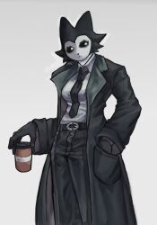  1girl animal_ears animal_hospital_(roblox) black_coat black_necktie black_sclera breasts cat_ears cat_girl coat collared_shirt colored_sclera commentary cup disposable_coffee_cup disposable_cup english_commentary furry furry_female grey_background hand_in_pocket highres holding holding_cup ketchup_drw looking_to_the_side necktie roblox secret_agent_(animal_hospital) secret_agent_(noir)_(animal_hospital) shirt solo trench_coat white_eyes 