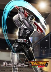  absurdres armored_bodysuit battle_spirits commentary_request copyright_name den-o_belt highres holding holding_sword holding_weapon indoors kamen_rider kamen_rider_den-o kamen_rider_den-o_(plat_form) kamen_rider_den-o_(series) kuchibiru_keisuke official_art rider_belt sword weapon window 