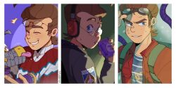  2boys aged_up animification brown_hair commentary drinking english_commentary glasses goddard_(jimmy_neutron) goggles goggles_on_head izzy_(izbubbles) jimmy_neutron jimmy_neutron_(series) looking_at_viewer male_focus multiple_boys non-humanoid_robot robot robot_animal robot_dog shirt short_hair smile soda teeth 