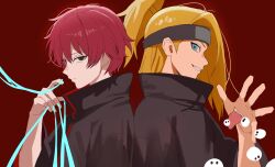  2boys absurdres akatsuki_uniform asymmetrical_bangs back-to-back black_eyeliner blonde_hair brown_eyes closed_mouth deidara_(naruto) deidaramom evil_grin evil_smile expressionless extra_mouth eyeliner forehead_protector grin high_ponytail highres long_hair makeup male_focus medium_hair multiple_boys naruto_(series) naruto_shippuuden open_mouth ponytail red_background red_hair robe sasori_(naruto) short_hair simple_background sketch smile string 