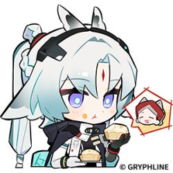  2girls animal_ears arcane_(arknights) arknights arknights:_endfield bird_ears bird_girl blue_eyes cake chibi chibi_only eating facial_mark food food_on_face forehead_mark gloves gradient_hair grey_hair hair_ornament head_wings holding holding_cake holding_food lowres multicolored_hair multiple_girls official_art ponytail solo_focus two-tone_cape wings 