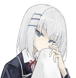  1girl blue_eyes closed_mouth collared_shirt commentary_request date_a_live dot_mouth dot_nose hair_ornament hairclip head_tilt highres looking_at_viewer parallel_hairclips portrait raizen_high_school_uniform red_ribbon ribbon school_uniform shirt short_hair simple_background solo tobiichi_origami umiaaaaa white_background white_hair 