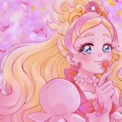  1girl blonde_hair blue_eyes blush closed_mouth commentary_request cure_flora earrings flower flower_earrings forehead gloves go!_princess_precure hair_ornament hana_(haruharu-michimichi83) haruno_haruka holding holding_flower jewelry long_hair looking_at_viewer multicolored_hair pink_gloves precure puffy_short_sleeves puffy_sleeves purple_streaks short_sleeves smelling smelling_flower smile streaked_hair thick_eyebrows wavy_hair 