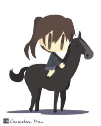  1girl animal artist_name black_jacket black_shoes blue_skirt brown_eyes brown_hair chameleon_man_(three) character_request chibi chibi_only commentary_request double-parted_bangs full_body hair_between_eyes horse horseback_riding jacket long_hair long_sleeves lowres no_lineart ponytail riding shoes simple_background skirt solo strike_witches white_background world_witches_series 