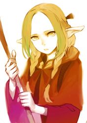  1girl blonde_hair braid commentary_request dungeon_meshi hair_ornament holding holding_staff jun_(navigavi) lips long_hair long_sleeves looking_at_viewer marcille_donato nose pointy_ears red_robe robe side_braids sidelocks simple_background solo staff upper_body white_background wide_sleeves yellow_eyes 