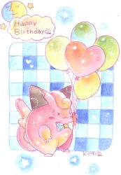  balloon blue_bow blue_bowtie blush_stickers bow bowtie claws clefairy closed_mouth full_body greenaokimi happy_birthday heart highres holding holding_balloon no_humans pokemon pokemon_(creature) solo 