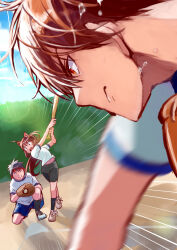  1girl 2boys absurdres animal_ear_fluff animal_ears arms_up ball baseball_(object) baseball_(sport) baseball_bat baseball_mitt baseball_uniform black_hair black_shorts blue_shorts brother_and_sister brown_hair cat_ears closed_mouth commentary_request cross-laced_shoes dated_commentary day dutch_angle emphasis_lines floating_hair full_body grin gym_shirt highres holding holding_baseball_bat inohara_masato lens_flare little_busters! long_hair looking_down midriff_peek motion_blur multiple_boys natsume_kyousuke natsume_rin on_one_knee open_mouth outdoors playing_sports ponytail profile rakka red_eyes serious shirt shoes short_hair short_sleeves shorts siblings smile sneakers socks spiky_hair sportswear standing sweat teeth upper_body upper_teeth_only v-shaped_eyebrows very_long_hair white_shirt white_socks 