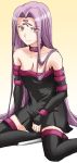  bobu_jr breasts cleavage collar detached_sleeves dress fate/stay_night fate_(series) gloves limit_break long_hair purple_eyes purple_hair rider strapless_dress thigh-highs thighhighs violet_eyes 