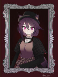  1girl animal_ear_fluff animal_ears arknights black_bow black_bowtie black_hat black_jacket bow bowtie buttons chromatic_aberration closed_mouth commentary ears_through_headwear expressionless film_grain hat highres jacket jewelry lapels long_hair long_sleeves melantha_(arknights) melantha_(letters_from_wessex)_(arknights) necklace official_alternate_costume open_clothes open_jacket picture_frame pink_eyes plaid_clothes plaid_jacket purple_hair purple_shirt roi_423 shirt solo traditional_bowtie twitter_username upper_body white_shirt 