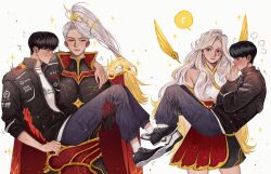  1girl 3boys bare_shoulders black_hair blush collar facial_mark glasses hair_ornament highres holding jacket keria_(gamer) league_of_legends long_hair miaaaa19980117 multicolored_hair multiple_boys oner_(gamer) ponytail seraphine_(league) shirt shoes sneakers streaked_hair t1_seraphine t1_xin_zhao white_background white_shirt xin_zhao_(league) 