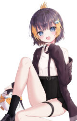  1girl :d absurdres black_skirt black_socks blue_eyes blush breasts commentary_request fish_hair_ornament folded_ponytail hair_ornament highres loafers looking_at_viewer nijisanji nijisanji_en pentomo_(petra_gurin) petra_gurin pink_nails shoes short_hair simple_background single_off_shoulder sitting skirt sleeves_past_wrists small_breasts smile socks solo_focus stmnspr thigh_strap virtual_youtuber white_background 