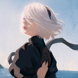  1girl 2b_(nier:automata) back_cutout black_dress black_hairband blue_eyes blue_sky breasts clothing_cutout dress eyelashes grey_hair hair_between_eyes hairband juliet_sleeves lipgloss lips long_sleeves looking_to_the_side medium_breasts mitsuki_nite mole mole_under_mouth nier:automata nier_(series) outdoors parted_lips pink_lips puffy_sleeves short_hair sky solo turtleneck turtleneck_dress upper_body 
