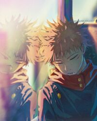  2boys black_jacket buttons closed_eyes closed_mouth commentary_request different_reflection facial_mark highres itadori_yuji jacket jujutsu_kaisen jujutsu_tech_uniform looking_at_another male_focus multiple_boys nose open_mouth pineapp80783931 pink_hair red_eyes red_hood reflection ryoumen_sukuna_(jujutsu_kaisen) scar scar_on_face short_hair sleeping undercut 