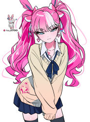  1girl :3 absurdres animal_ears aqua_eyes black_thighhighs blue_ribbon blue_skirt blush bow collarbone collared_shirt cowboy_shot dixretsa dress_shirt earrings hair_bow heart heart_earrings highres jewelry long_hair long_sleeves looking_at_viewer miniskirt multicolored_hair multiple_hair_bows neck_ribbon personification pink_bow pink_hair pleated_skirt poke_ball pokedex_number pokemon puffy_long_sleeves puffy_sleeves reference_inset ribbon shiny_skin shirt shirt_under_sweater simple_background skirt sleeves_past_fingers sleeves_past_wrists solo streaked_hair sweater sylveon thigh-highs twintails v-neck white_background white_shirt white_streaks yellow_sweater 