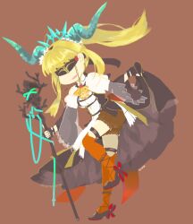 1girl arch_bishop_(ragnarok_online) black_dress black_gloves black_shoes blindfold blonde_hair blue_horns brown_background brown_shorts commentary_request dress fingerless_gloves full_body gloves high_ponytail holding holding_staff horns long_hair no_lineart ok0930 open_mouth orange_thighhighs ponytail ragnarok_online shoes shorts shorts_under_dress simple_background smile solo staff standing standing_on_one_leg thigh-highs thigh_strap white_dress 