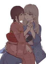  2girls blue_kimono blue_nails breasts chinese_commentary commentary_request ear_piercing girls_band_cry grey_hair highres holding_hands interlocked_fingers iseri_nina japanese_clothes kawaragi_momoka kimono long_hair low_twintails multiple_girls nail_polish noracato_0w0 piercing pink_hair red_nails short_hair short_twintails simple_background sitting sitting_on_lap sitting_on_person twintails white_background yuri 