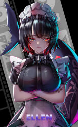  1girl absurdres arms_under_breasts black_hair breasts candy character_name closed_mouth colored_inner_hair commentary crossed_arms ellen_joe fins fish_tail food food_in_mouth hair_ornament hairband highres large_breasts large_tail lollipop lollipop_in_mouth looking_at_viewer maid maid_headdress metal_hairband mole mole_under_eye multicolored_hair razor_blade_hair_ornament red_eyes red_hair red_nails shark_girl shark_tail short_hair solo spiked_headband tail two-tone_hair upper_body wendy_(5877) zenless_zone_zero 