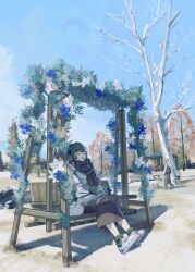  1girl :o absurdres animal autumn_leaves bare_tree bench bird black_hairband blue_flower blue_sky clear_sky closed_eyes commentary_request duck english_commentary flower full_body green_socks grey_hair grey_scarf grey_skirt hair_intakes hairband highres leaf long_skirt long_sleeves mixed-language_commentary natsuba002 on_bench open_mouth original park park_bench people plaid_clothes plaid_scarf scarf scenery shoes short_hair_with_long_locks sitting skirt sky slice_of_life socks solo sweater tree white_flower white_shoes white_sweater winter winter_clothes 