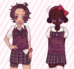  2010senthusiast_(luciana) 2girls :d ahoge arms_behind_back black_eyes blush bow bowtie brown_eyes brown_hair brown_skirt brown_vest closed_mouth collared_shirt crown_hair_ornament dark-skinned_female dark_skin diagonal-striped_background dot_nose earrings english_commentary fang forehead frilled_shirt_collar frills hair_bow hair_bun hair_ornament hand_on_own_hip jewelry mole mole_above_eye mole_on_arm multiple_girls musical_note_earrings one_side_up open_mouth original plaid_clothes plaid_skirt pleated_skirt puffy_short_sleeves puffy_sleeves red-framed_eyewear red_bow round_collar semi-rimless_eyewear shirt short_hair short_sleeves shorts shorts_under_skirt skin_fang skirt sleeves_rolled_up smile striped_background striped_bow striped_bowtie striped_clothes sweater_vest thigh-highs untucked_shirt vest white_shirt white_thighhighs wristband 