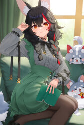  1girl animal_ear_fluff animal_ears black_bow black_bowtie black_hair black_pantyhose black_shoes book bow bowtie braid breasts center_frills closed_mouth commentary_request couch crossed_bangs curtains cushion foot_out_of_frame frills green_skirt grey_shirt hair_between_eyes hair_over_shoulder hand_up high_heels highres holding holding_book hololive indoors light_blush light_smile long_hair long_sleeves looking_at_viewer low_twin_braids medium_breasts miofa multicolored_hair nananichi official_alternate_costume official_alternate_hairstyle on_couch ookami_mio ookami_mio_(8th_costume) open_book pantyhose red_hair shirt shoes sitting skirt sleeve_ribbon solo streaked_hair suspender_skirt suspenders twin_braids two-tone_hair virtual_youtuber window wolf_ears wolf_girl yellow_eyes yokozuwari 