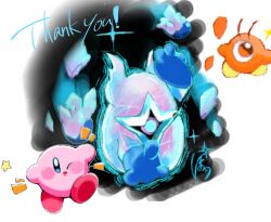  am124955 blush_stickers colored_skin commentary_request crystal_shards galactal_(kirby) highres kirby kirby_(series) kirby_and_the_forgotten_land no_humans one-eyed one_eye_closed orange_skin pink_skin rayman_limbs sparkle star-crossed_world star_(symbol) thank_you waddle_doo 