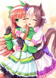  2000s_(style) 2girls animal_ears black_bow black_gloves black_leggings blush braid brown_hair capelet capelet_bow closed_eyes closed_mouth collared_shirt corset cropped_jacket crying golden_generation_(umamusume) green_ears green_eyes green_sleeves green_stripes headband hime_cut horse_ears hug hug_from_behind long_hair long_sleeves open_mouth orange_hair pink_dress pink_stripes puffy_short_sleeves puffy_sleeves purple_bow purple_stripes ruffles short_hair short_sleeves silence_suzuka_(umamusume) sparkle_background special_week_(umamusume) spesuzu striped_skirt tail tail_ornament tail_raised tears thighs_up two-tone_hair umamusume white_shirt white_skirt wink wrist_cuffs wristband yellow_background yellow_stripes yuri 
