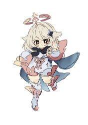  1girl black_eyes black_scarf blush boots bright_pupils closed_mouth crying crying_with_eyes_open flying full_body genshin_impact grey_hair grumpy hair_between_eyes hair_ornament halo hand_on_own_hip hand_up highres long_sleeves looking_at_viewer mechanical_halo paimon_(genshin_impact) pink_halo pointing pointing_at_viewer puffy_long_sleeves puffy_sleeves romper satou_(satopurin33) scarf short_hair sidelocks simple_background single_thighhigh solo star_(symbol) star_hair_ornament tears thigh-highs v-shaped_eyebrows white_background white_boots white_pupils white_romper white_thighhighs 