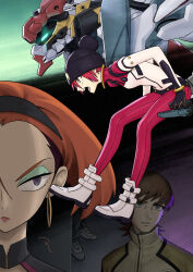 1boy 1other 2girls amate_yuzuriha angry annqi black_eyes boots brown_hair commentary_request earrings frown glaring gquuuuuux green_eyes gundam gundam_gquuuuuux highres jewelry looking_to_the_side mecha mecha_pilot_suit mobile_suit mole mole_under_mouth multiple_girls red_hair robot rustle science_fiction tomboy xavier_olivette 